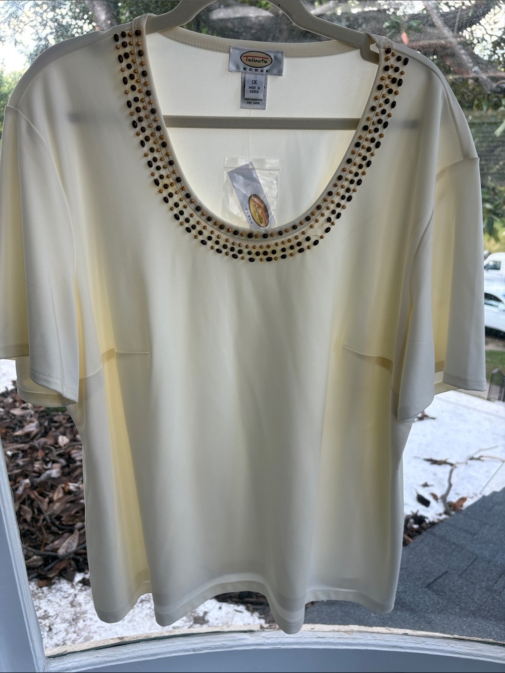 Talbots Cream Short-Sleeve Scoop Neck Top with Beaded Trim